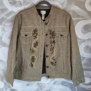 CHICO'S Womens Sz 2 Lustrous Gold Floral Embroidered Denim BohoChic Fancy NWT